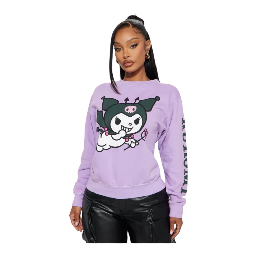 Sanrio Kuromi Pitchfork Graphic Print Crew Neck Sweatshirt Kawaii Cute Goth